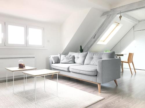 un salon blanc avec un canapé et une table dans l'établissement Appartement cosy à 10min à pieds du centre-ville, à Colmar