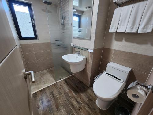 a bathroom with a toilet and a sink at Hotel Haema in Jeju