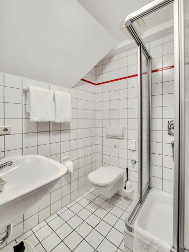 a bathroom with a toilet and a sink and a shower at Artistique Hotel in Dinkelsbühl