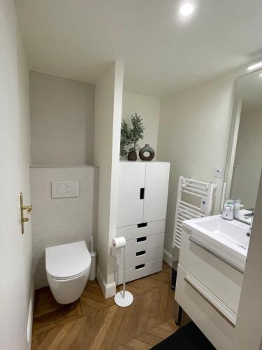 une salle de bain blanche avec des toilettes et un lavabo dans l'établissement Appartement de charme Art Déco - Hyper-centre ville - Place d'Erlon - Gare - Reims, à Reims