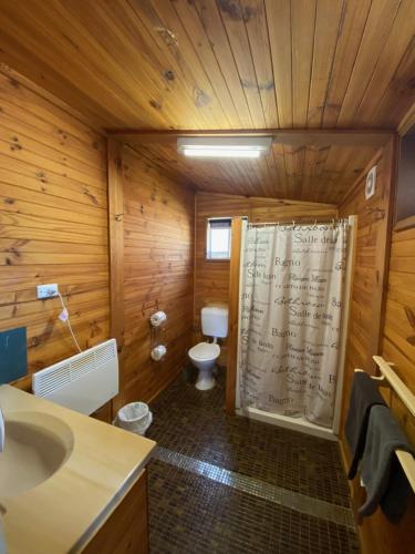 a wooden bathroom with a toilet and a sink at Anglers Reach Lakeside Village in Anglers Reach