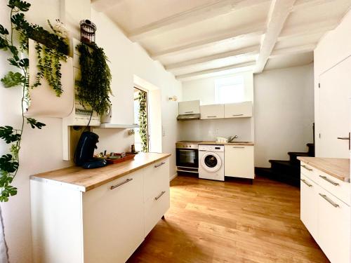 une cuisine avec des armoires blanches et un four à plaques de cuisson dans l'établissement Maison double 4 chambres Duplex, à Brive-la-Gaillarde