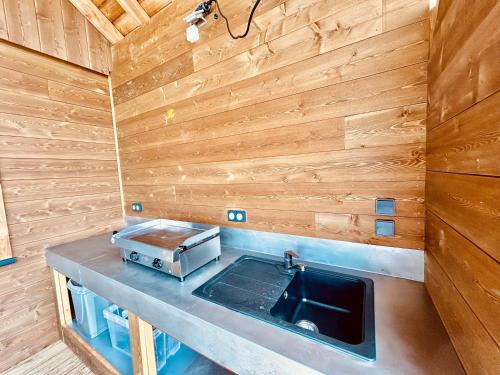 a kitchen with a sink in a wooden wall at Chalet du Hazard in Gerbépal