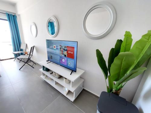 a living room with a flat screen tv and a plant at JUST on the beach Makenzy Studio in Scala