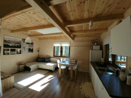 a kitchen and living room with a table and a couch at Domek pełen szczęścia in Borsk