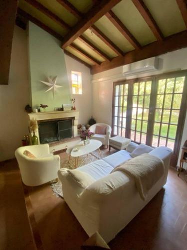 un salon avec un canapé et une cheminée dans l'établissement Maison Grignan avec piscine a 400m du village, à Grignan