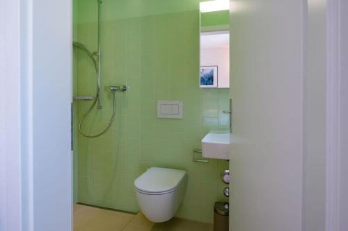 a green bathroom with a toilet and a shower at HITrental Riesbach Apartments in Zürich