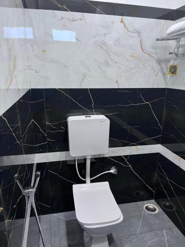 a bathroom with a toilet and a marble wall at Royal Galaxy Homes in Bhubaneshwar