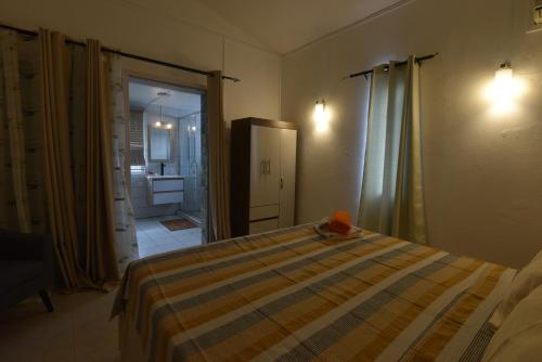 a bedroom with a bed and a door to a bathroom at La Villa Côtière 2 in Flic-en-Flac