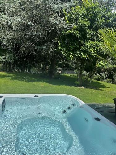 une baignoire jacuzzi dans une cour arborée dans l'établissement Villa Beauséjour, à Saint-Hilaire-Saint-Mesmin
