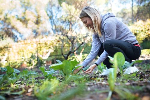 a woman crouches down to inspect a plant at La Bruguera de Púbol Villa & Eco Retreat Centre in Púbol