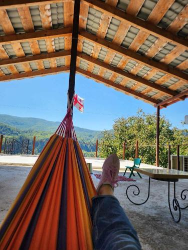 a person laying in a hammock with a view at Lomtadze Family Wine Hotel in Ambrolauri