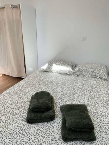 - un lit avec 2 serviettes vertes dans l'établissement L'Hirondelle, studio rénové au coeur d'Arago, à Les Sables-dʼOlonne