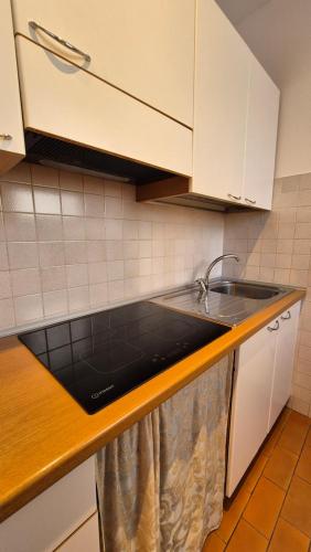 a kitchen with a sink and white cabinets at Casa via del Sale in Udine