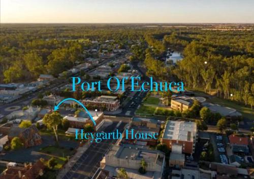 an aerial view of the port of edmonton hogarth house at Treehouse Hideouts Balcony Apartment - Port of Echuca Townhouse in Echuca