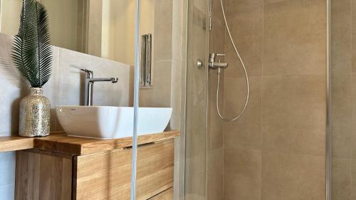 a bathroom with a sink and a shower at City Center Appartment in Vilnius