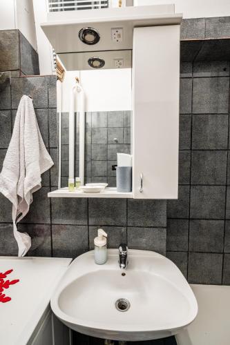 a bathroom with a white sink and a mirror at Cozy apartment in city center in Belgrade