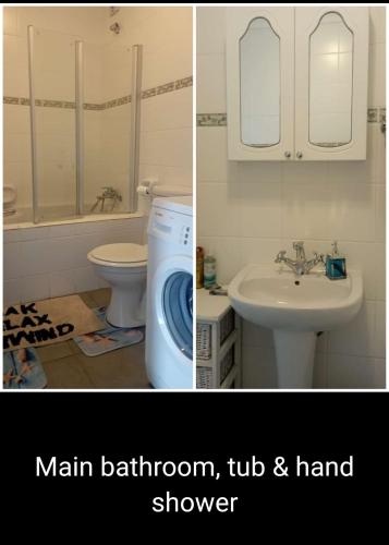 two pictures of a bathroom with a washing machine and a sink at 47 Bondi Beach in Shelly Beach