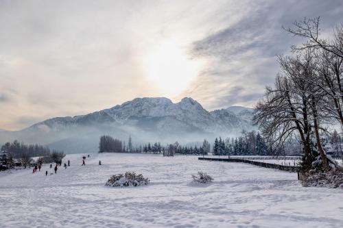 people skiing in a snow covered field with a mountain at Mountain Corner Apartment in Zakopane by Noclegi Renters in Zakopane