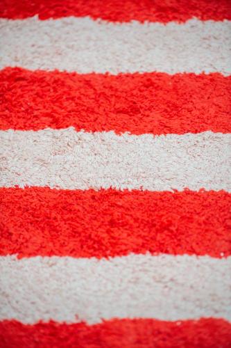 a close up of a red and white rug at Apartament Mikołowska z balkonem in Gliwice