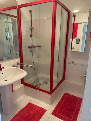 une salle de bain avec une douche en verre et un lavabo dans l'établissement Soleil Maxime, à Sainte-Maxime