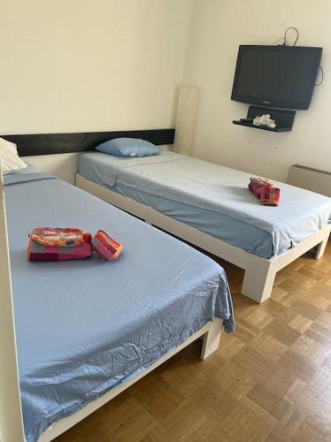 une chambre avec deux lits et une télévision à écran plat dans l'établissement Soleil Maxime, à Sainte-Maxime