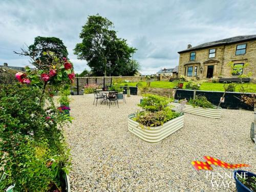 a garden with three potted plants and a house at Greystonedale Mansion, Haltwhistle in Haltwhistle
