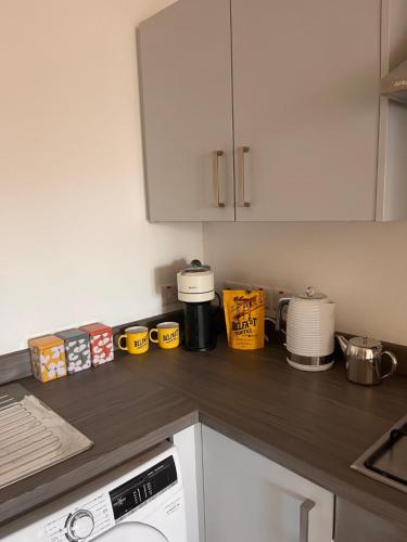 a kitchen with a counter top with a microwave at Belfast View Apartment in Belfast