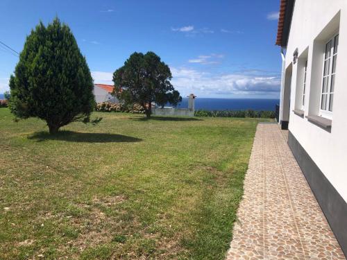 a view of a yard with a house and a tree at Vivenda Flor in Ponta Delgada