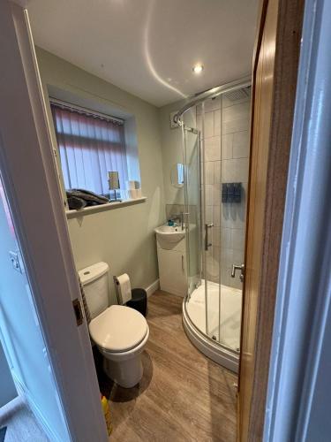 a small bathroom with a toilet and a shower at Millstone Stables Cottage in Chinley