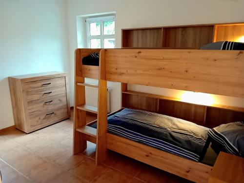 a bedroom with two bunk beds and a dresser at Seyfarthrooms - Ferienwohnung Zum Dorfladen Rathen - zentrale Lage mit direkter Anbindung an das Wanderwegenetz, moderne Inneneinrichtung in Rathen