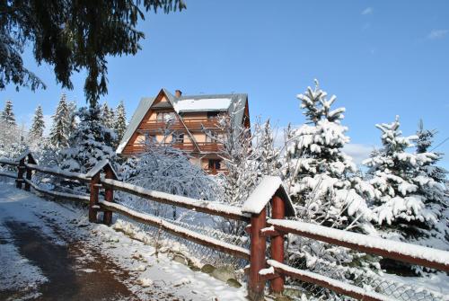 een blokhut in de sneeuw met een hek bij Miś Pokoje Gościnne in Bukowina Tatrzańska