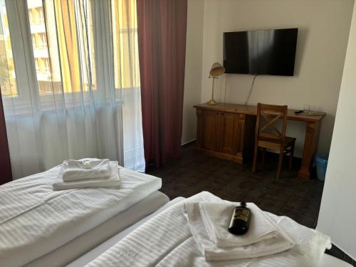 a hotel room with a bed and a television at Apartmány LAGUNA in Kopřivnice