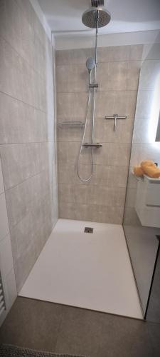 a shower with a glass door in a bathroom at Apartments in Graz in Graz