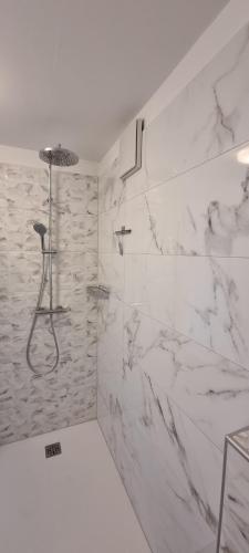 a bathroom with a shower with white marble at Apartments in Graz in Graz