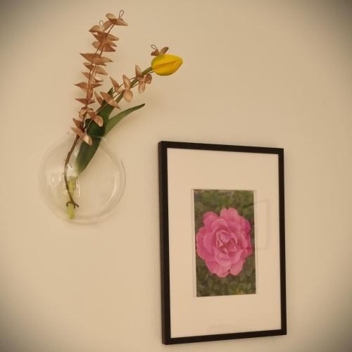 a picture of a vase with a pink flower on a wall at Apartments in Graz in Graz