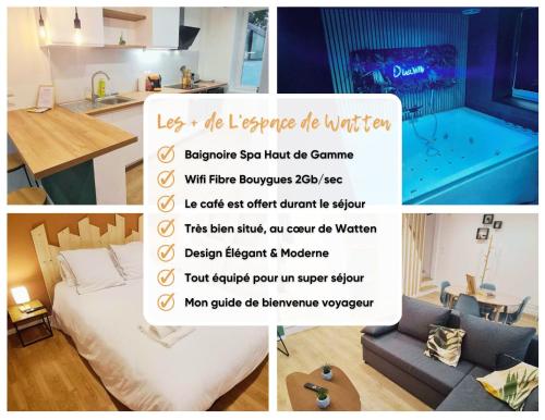 un collage de photos d'une chambre avec un lit et un panneau dans l'établissement L'Escapade de Watten, à Watten