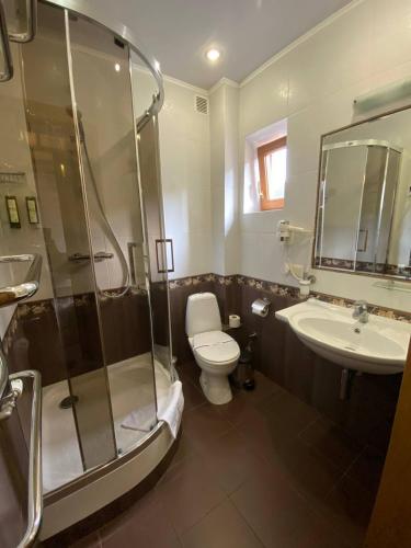 a bathroom with a shower and a toilet and a sink at Korona Hotel&SPA in Bukovel