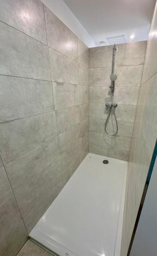 a bathroom with a shower with a tile wall at Smilla in Bad Segeberg