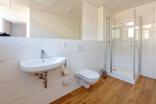 a bathroom with a toilet and a sink and a shower at Sonnenschein Hotel & Apartments in Heilbad Heiligenstadt