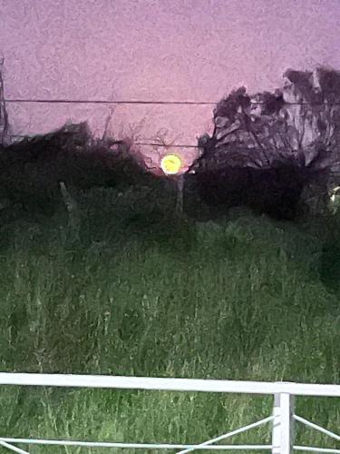 ein Gemälde eines Sonnenuntergangs auf einem Feld mit einem Zaun in der Unterkunft DEMAROYS in Treasure Beach