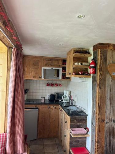 une cuisine avec des armoires en bois et un comptoir dans l'établissement Tignes, ski aux pieds, vue d'exception, 1 chambre, à Tignes