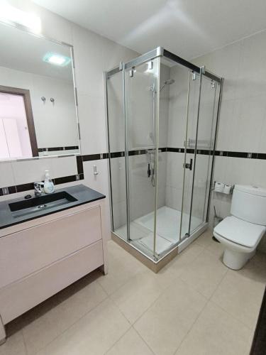 a bathroom with a shower and a toilet and a sink at Casa Cati in La Herradura