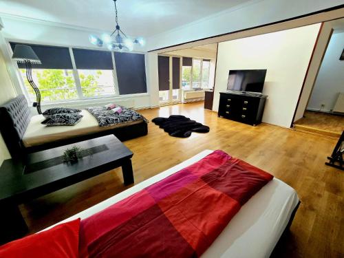 a living room with two beds and a television at Marcos Apartments - Odiseea - Self Check-In 24 H in Reşiţa
