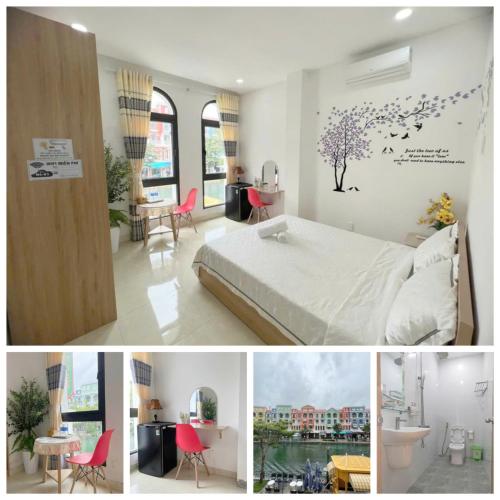 a bedroom with a bed and a room with a table at Thiên Ý Homestay in Phu Quoc