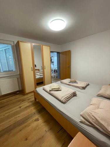 a bedroom with two beds and a mirror at Apartma Ajda in Moravske Toplice