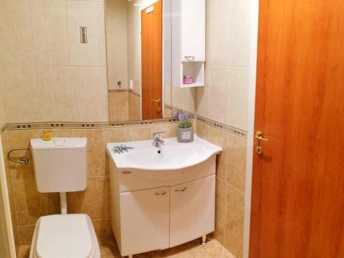 a bathroom with a sink and a toilet and a mirror at Holiday Home Blue Dream - Two Bedroom Apartment with Terrace and Sea View A1 in Putniković