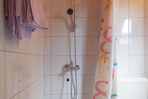 a shower in a bathroom with a shower curtain at Guesthouse afran- Two Bedroom Apartment in Plitvička Jezera