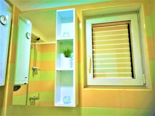 a bathroom with a window with a plant in it at Apartments Milic - Studio Apartment with Sea View 4 - 2 in Gornji Karin