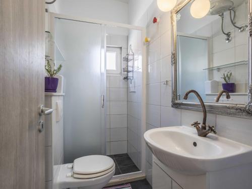 ein Badezimmer mit Waschbecken, Toilette und Spiegel in der Unterkunft Apartment Keko - Three Bedroom Apartment with Terrace in Jesenice